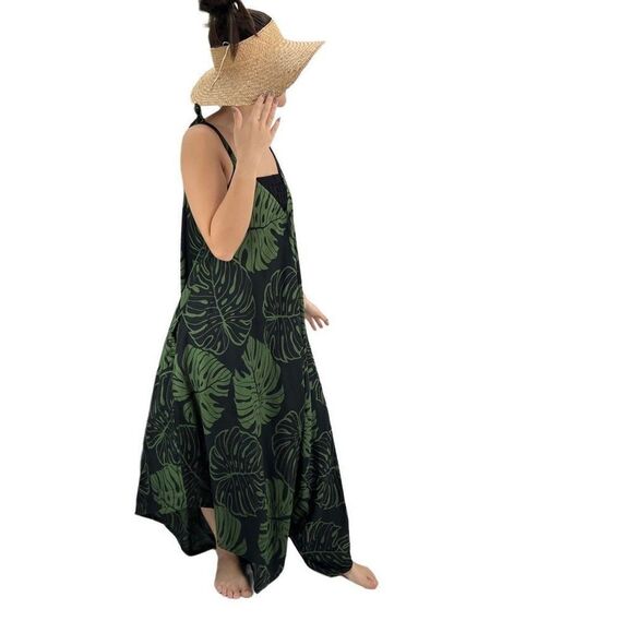 Pōʻalima Black Green Monstera Tropical Boho Wide Leg Beach Romper - Picture 12 of 15